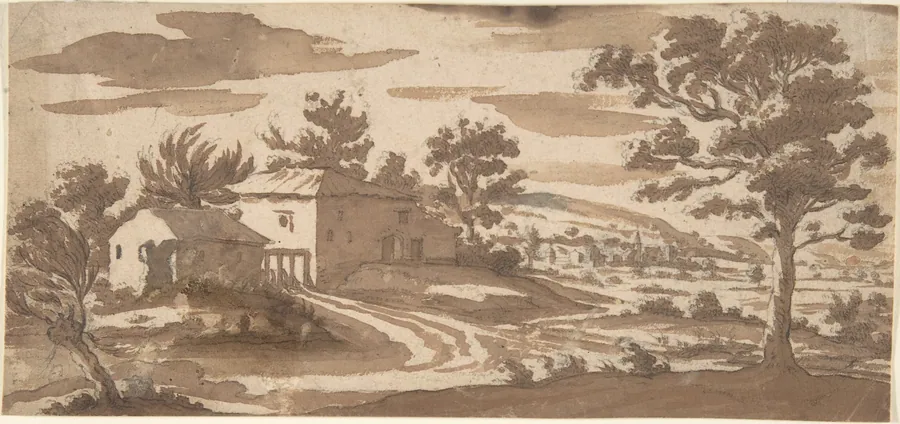 Landscape with Buildings and a Town in the Distance (recto); Study of a Building (verso) by Jacques Callot