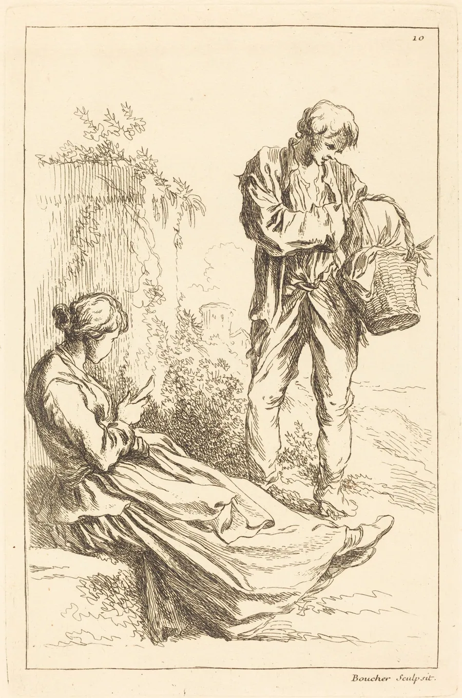 Seated Woman with Peasant Boy Holding a Basket by François Boucher