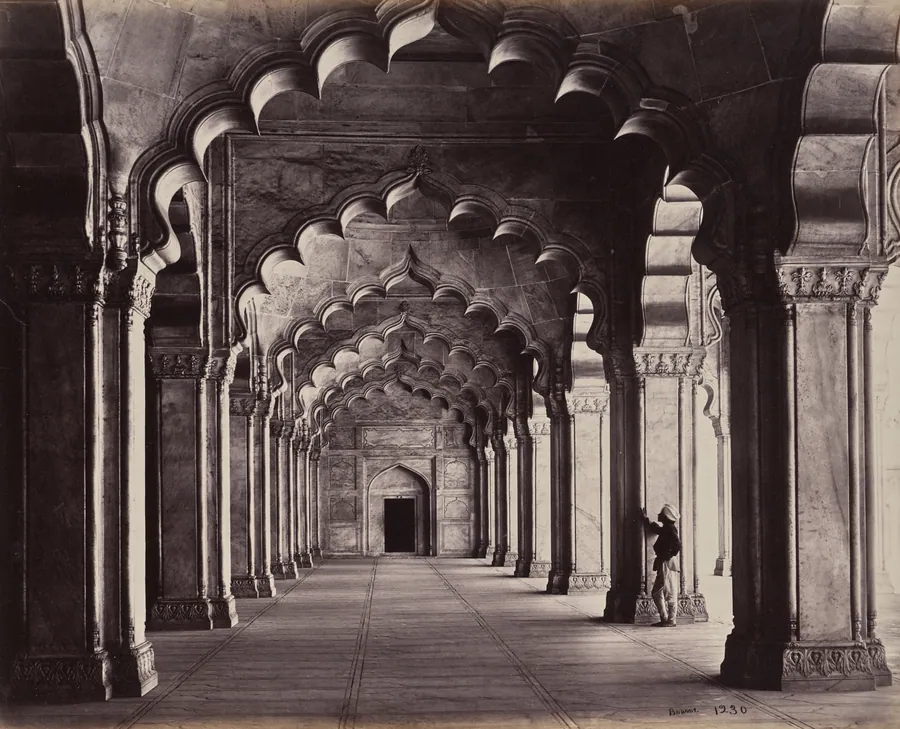 Agra. The Motee Hasjid in Pearl Mosque. View of the Entire Aisle by Samuel Bourne