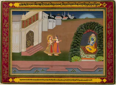 Radha’s Confidante Brings Her to Krishna, based on poetry of Bihari (Indian, 1595–1663)
