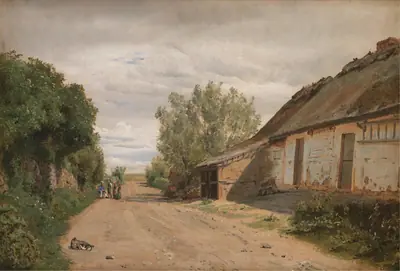 I udkanten af landsbyen Vejby. Lundbye sidder ved vejkanten og tegner