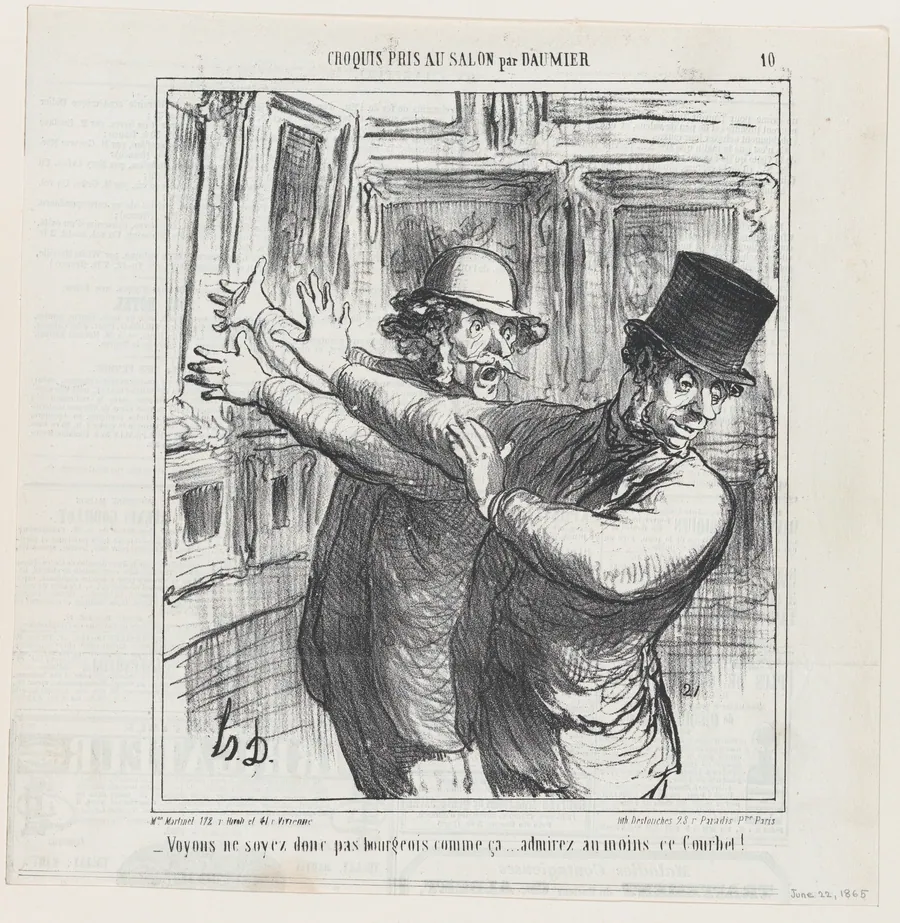 Come on... don't be such a bourgeois.... at least have a look at this Courbet!, from 'Sketches from the Salon,' published in Le Charivari, June 22, 1865 by Honoré Daumier