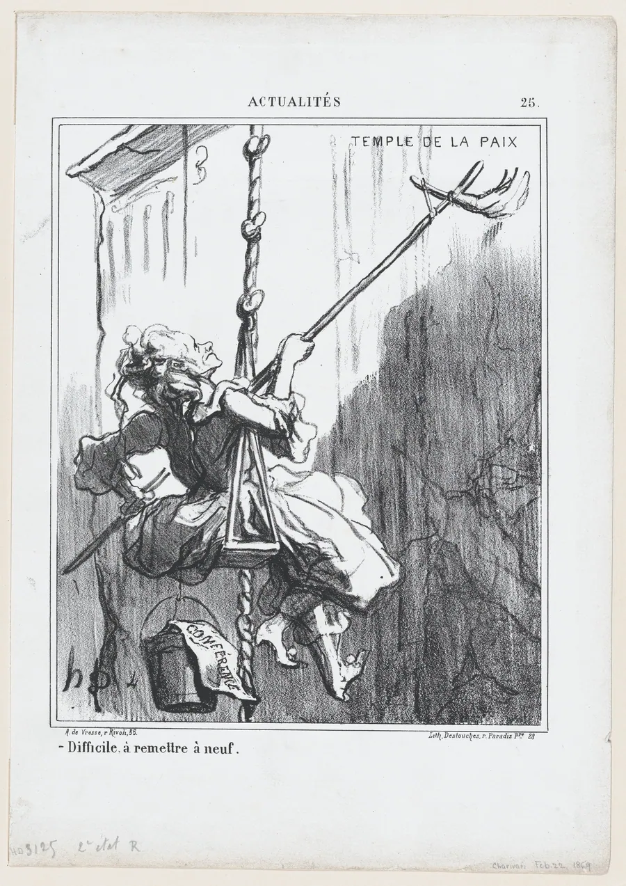 Difficult to restore it to be like new, from 'News of the day,' published in Le Charivari, February 22, 1869 by Arnaud de Vresse