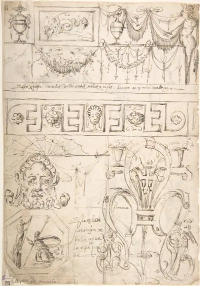 Three sections (recto); uppermost with a Term and garlands; middle section geometric band; bottom section grotesques and strapwork; (verso) Term with a marine creature and putto