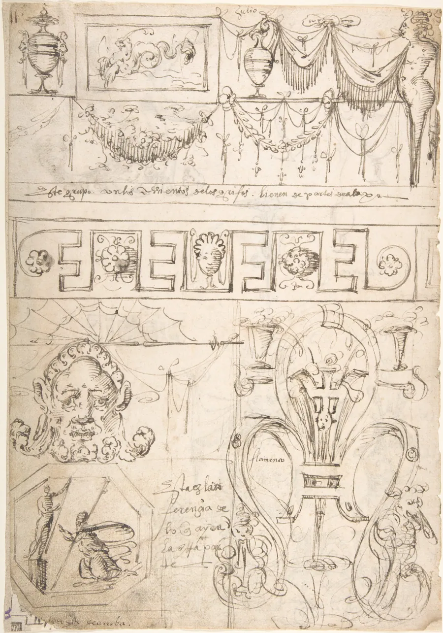 Three sections (recto); uppermost with a Term and garlands; middle section geometric band; bottom section grotesques and strapwork; (verso) Term with a marine creature and putto by Andrés de Melgar