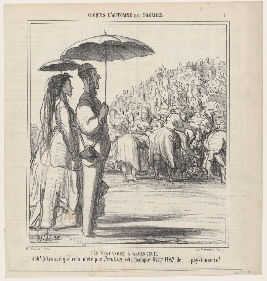 Wine harvest in Argenteuil, from 'Autumn sketches,' published in Le Charivari, September 21, 1865 by Destouches