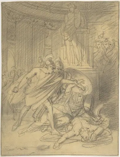 Two Warriors in Classical Costume Bending over Two Figures