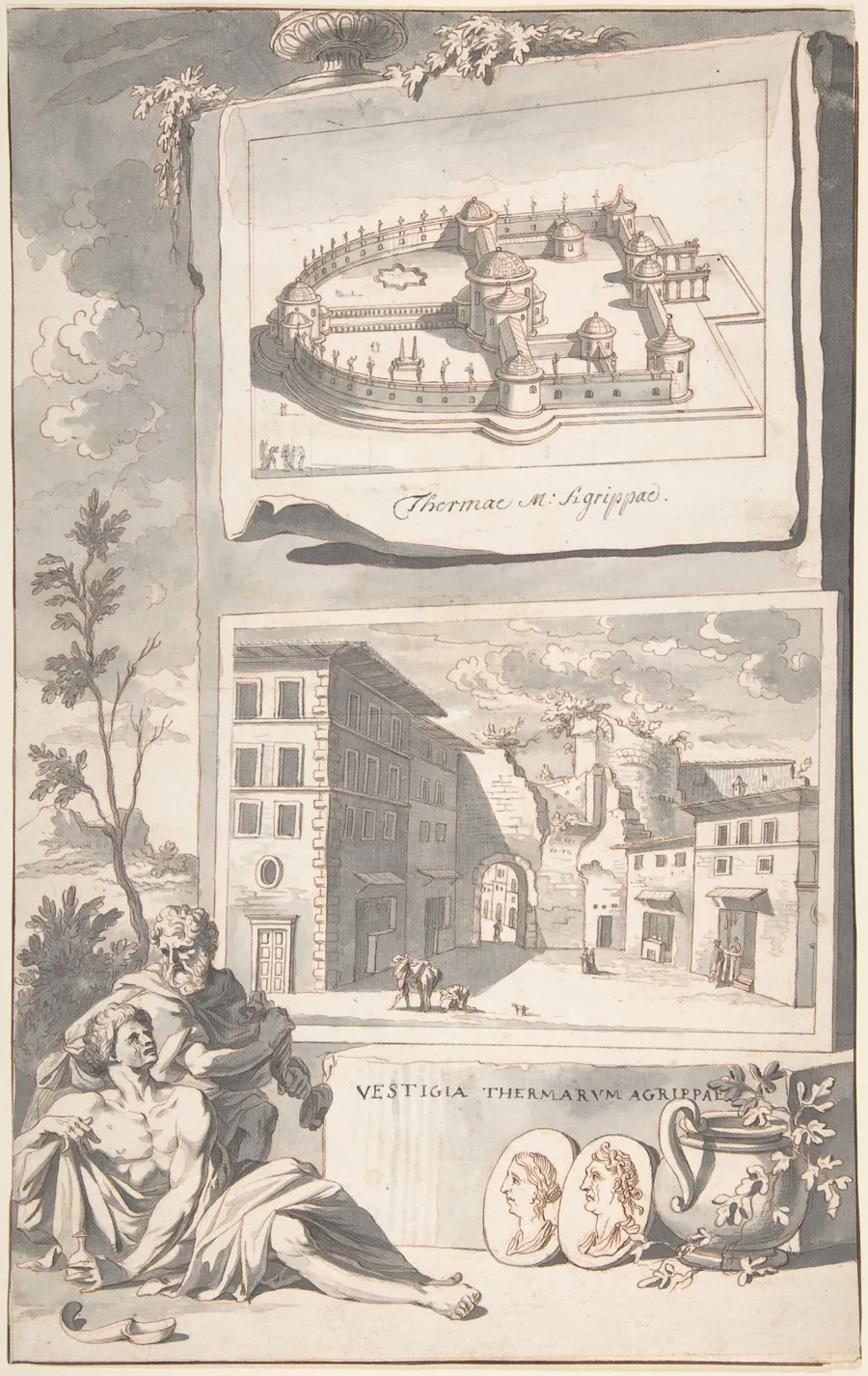 A Reconstruction of the Thermae Agrippae (above) and a View of the Ruins (below) by Jan Goeree