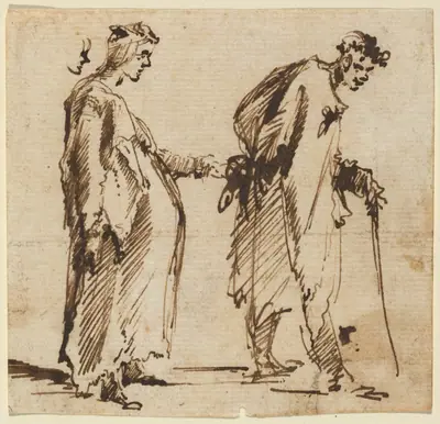 A Pregnant Young Woman and a Young Man with a Staff