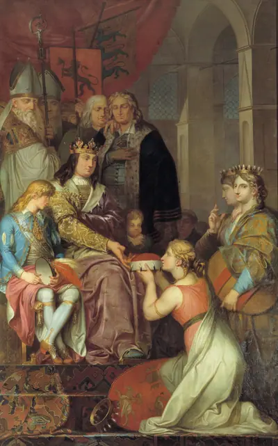 Christian I ophøjer Holsten til hertugdømme i 1474. Allegori. Maleri udført til Christiansborg Slot