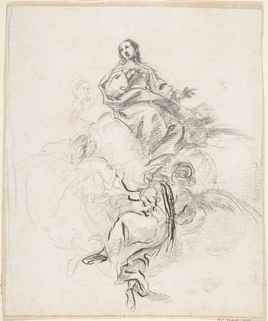 Virgin of the Immaculate Conception Seated on Clouds, Supported by Four Angels by Anonymous, Spanish, School of Seville, 17th century