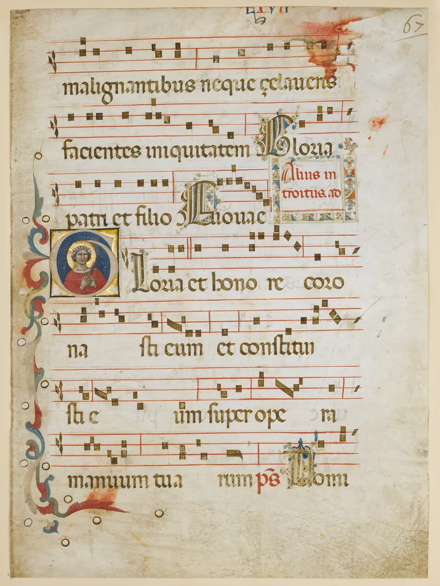 Manuscript Leaf with a female saint (possibly Dorothy) in an Initial G, from a Gradual by the Illustratore