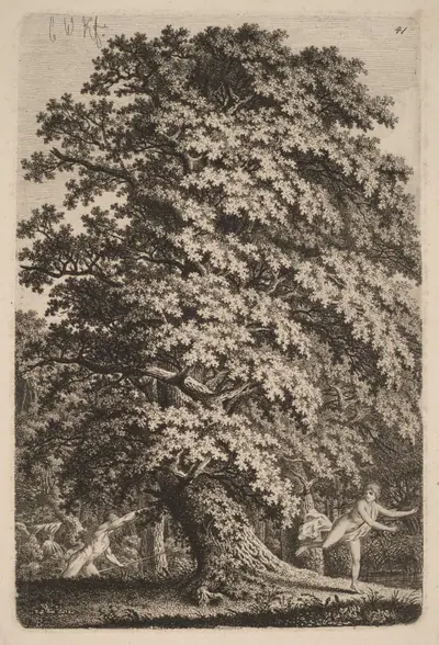 A Large Oak Tree in Gehölz. A Young Man with a Spear Follows a Young Girl.
