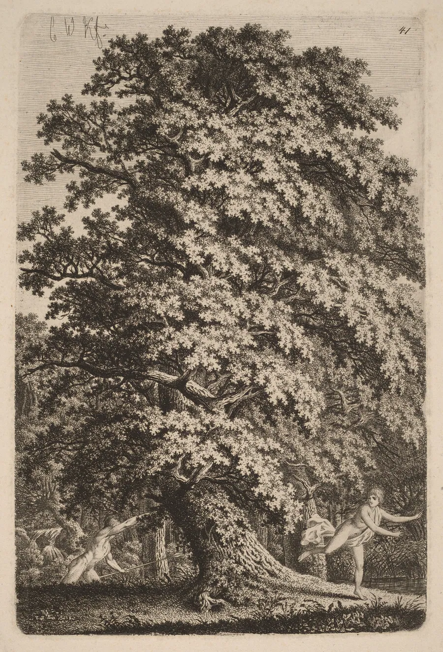 A Large Oak Tree in Gehölz. A Young Man with a Spear Follows a Young Girl. by Carl Wilhelm Kolbe