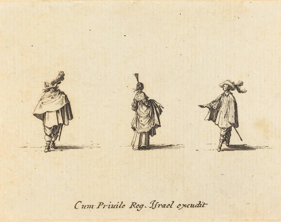 Lady with Dress Gathered Up, and Two Gentlemen by Jacques Callot