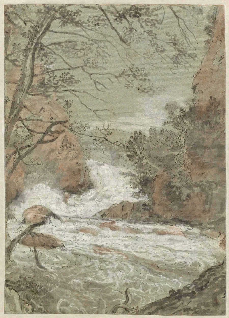 River Landscape with a Waterfall (recto) by Joachim Franz Beich