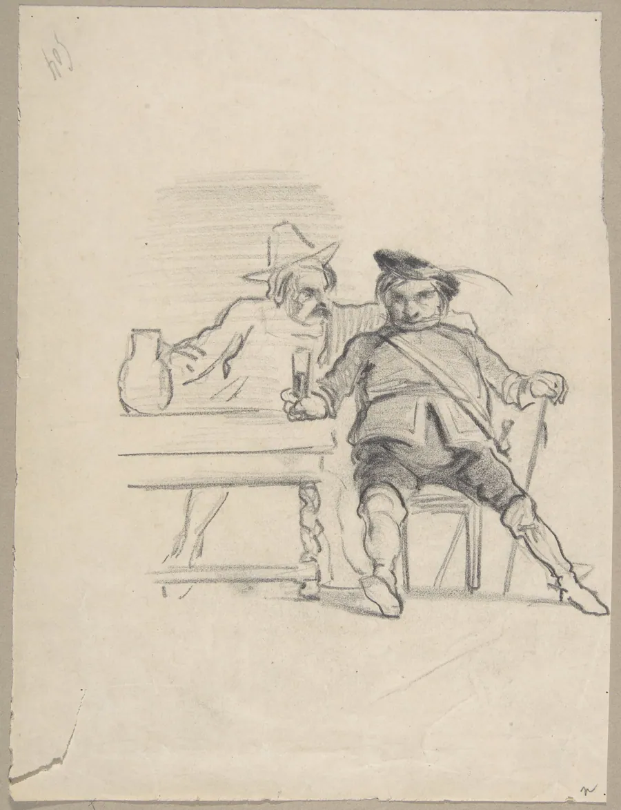 Two male figures seated at a table, drinking by Félicien Rops