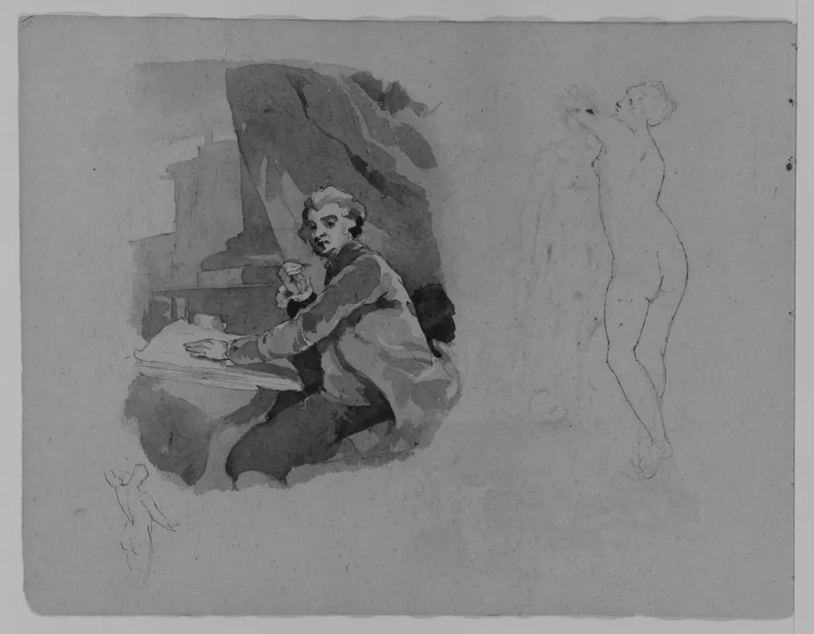 Portrait of Seated Man with Pen and Paper; Standing Female Nude, Rear View (from Sketchbook) by Thomas Sully