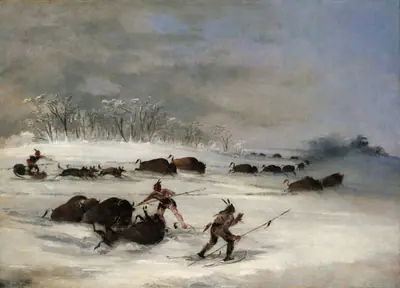Sioux Indians on Snowshoes Lancing Buffalo