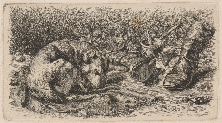 Dog Asleep Beside a Pair of Boots by Sixt Thon