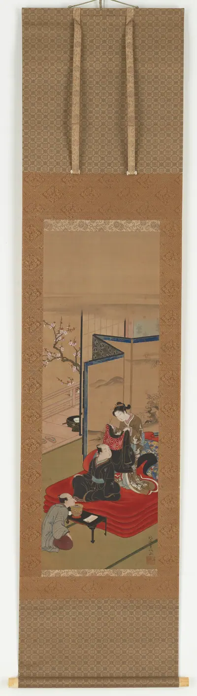 A courtesan helping a man to dress