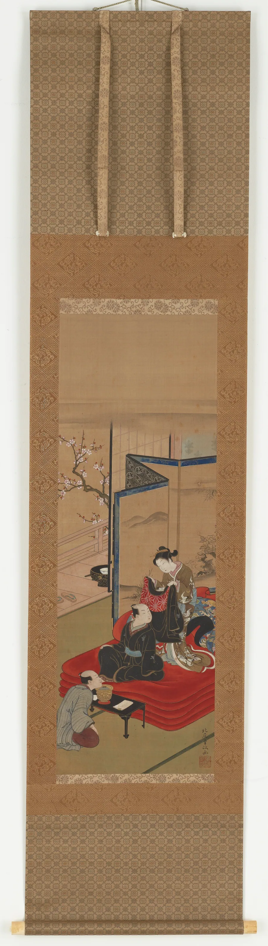 A courtesan helping a man to dress by Kitao Shigemasa 北尾重政 (1739-1820)