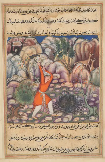 The fourth man digs at the spot where he dropped the shell, expecting jewels, but discovering mere iron, from a Tuti-nama (Tales of a Parrot): Forty-seventh Night