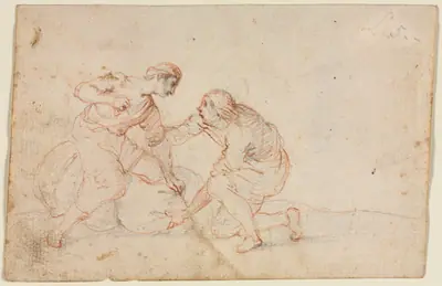 Two Men Tying a Bundle (recto)