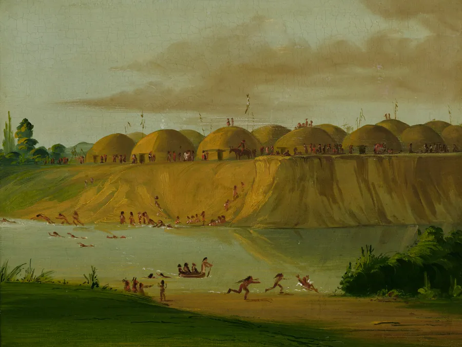 Hidatsa Village, Earth-covered Lodges, on the Knife River, 1810 Miles above St. Louis by George Catlin, born Wilkes-Barre, PA 1796-died Jersey City, NJ 1872