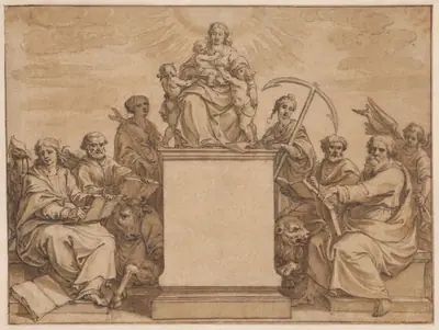 The Three Theological Virtures: Faith, Hope, and Charity, Surrounded by the Four Evangelists