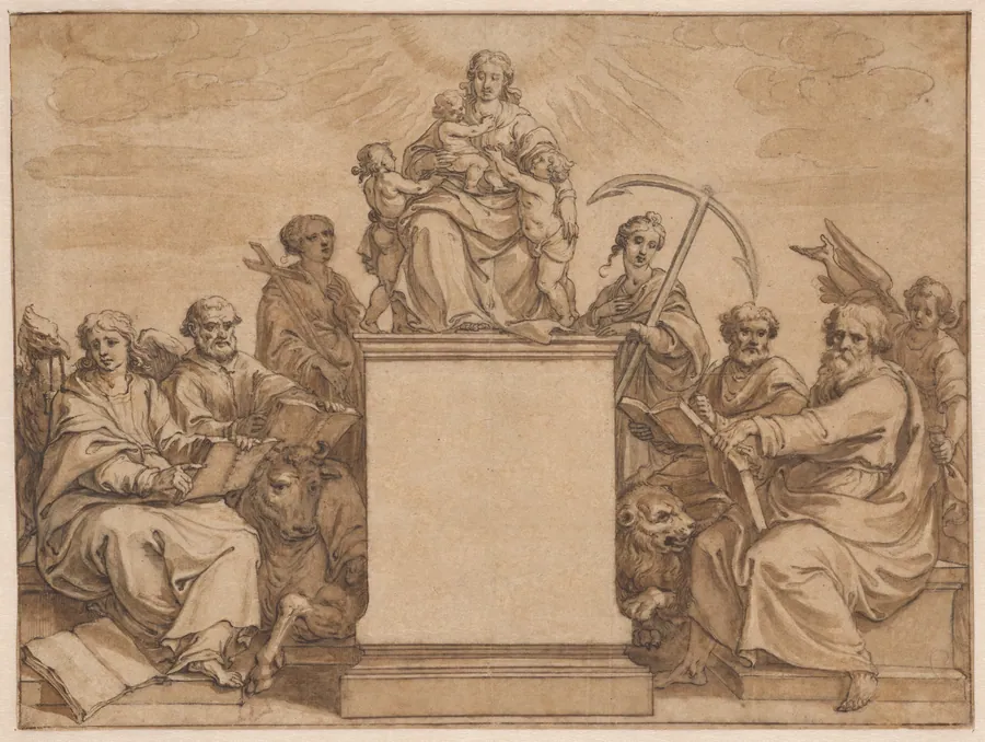 The Three Theological Virtures: Faith, Hope, and Charity, Surrounded by the Four Evangelists by Pieter I de Jode