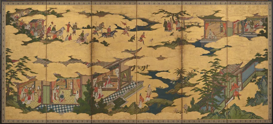 Scenes from the life of the Ming Huang Emperor and Yang Guifei (one of a pair with F1901.21) by Kano Mitsunobu (ca. 1565-1608)