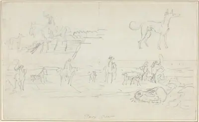 Huntsmen with Hounds and a Crouching Hare [recto]