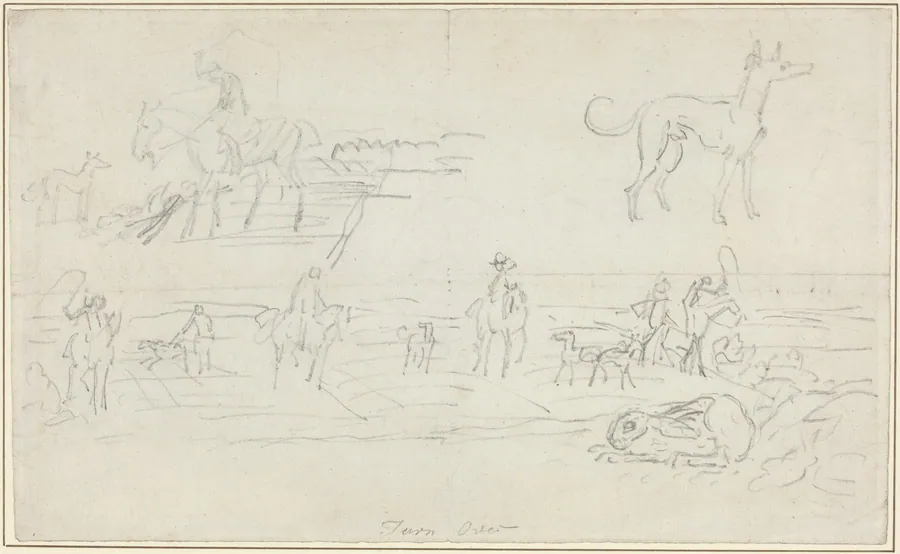 Huntsmen with Hounds and a Crouching Hare [recto] by James Seymour