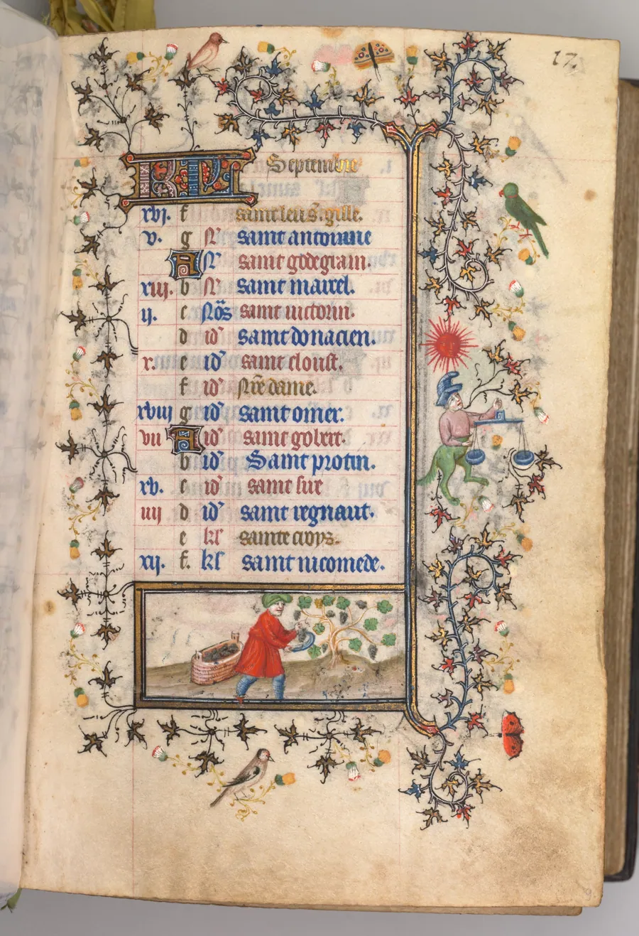 Hours of Charles the Noble, King of Navarre (1361-1425): fol. 9r, September by Master of the Brussels Initials and Associates