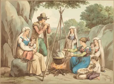 A Peasant Family Cooking over a Campfire
