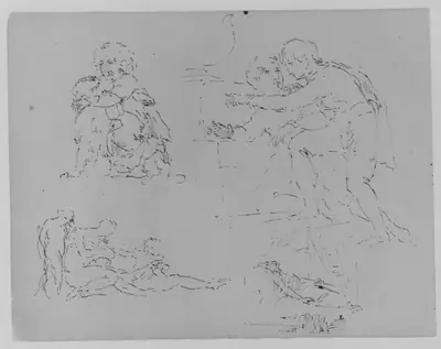 Child with Dog; Two Figures in Encounter; Two Figures and Child Attending to Dying Male [?]; Figure on Deathbed (from Sketchbook)
