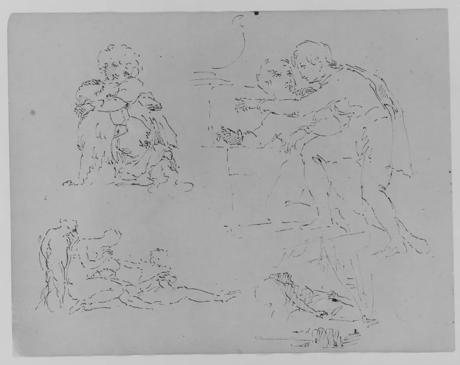 Child with Dog; Two Figures in Encounter; Two Figures and Child Attending to Dying Male [?]; Figure on Deathbed (from Sketchbook) by Thomas Sully
