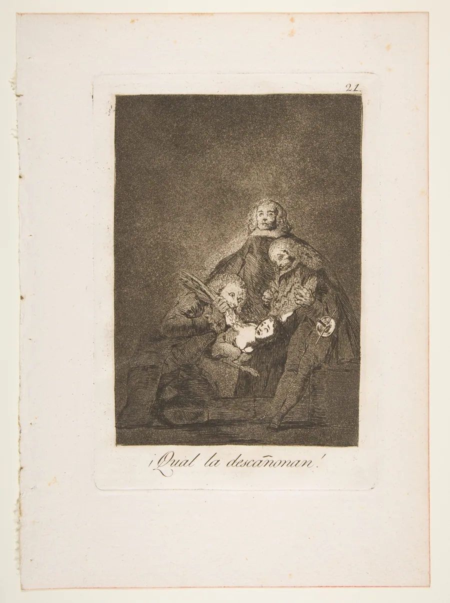 Plate 21 from "Los Caprichos": How they pluck her! (¡Qual la descañonan!) by Goya (Francisco de Goya y Lucientes)