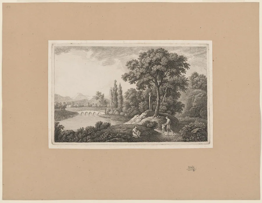 Classical Landscape with a Family by a River by Monogrammist D