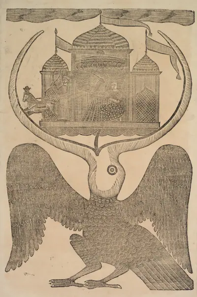Jatayu hinders Ravana’s chariot trying to prevent Sita’s abduction (recto), from a Kalighat album