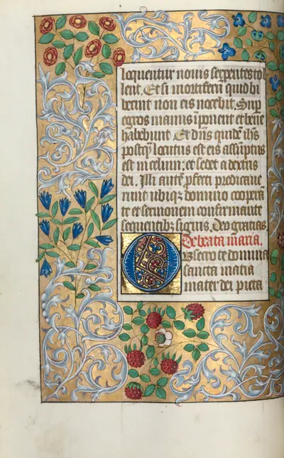 Book of Hours (Use of Rouen): fol. 18v, Prayers to the Virgin, Large Initial O with Elaborate Border