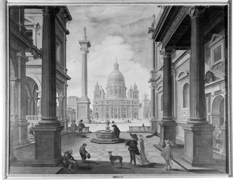 Pladsen foran en pragtfuld kirke by Bartholomeus van Bassen