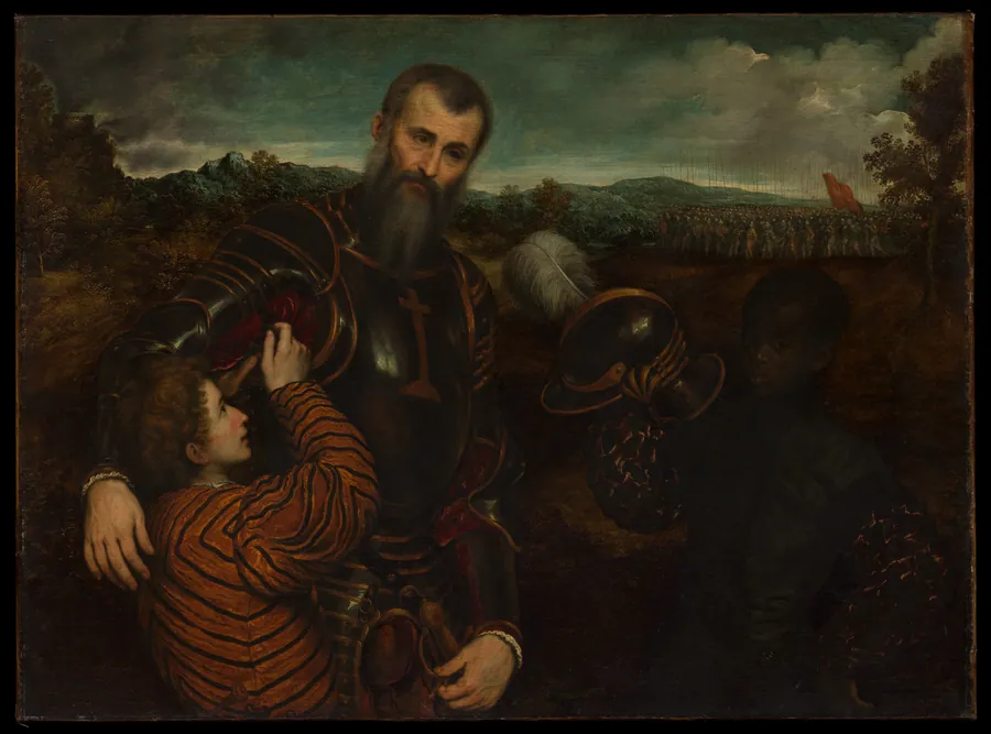 Portrait of a Man in Armor with Two Pages by Paris Bordon