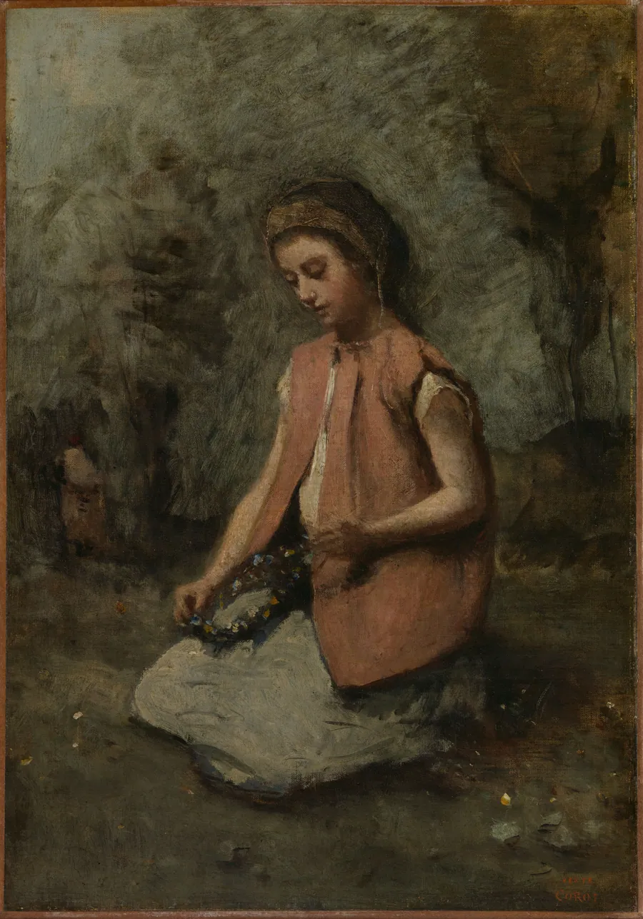 Girl Weaving a Garland by Camille Corot
