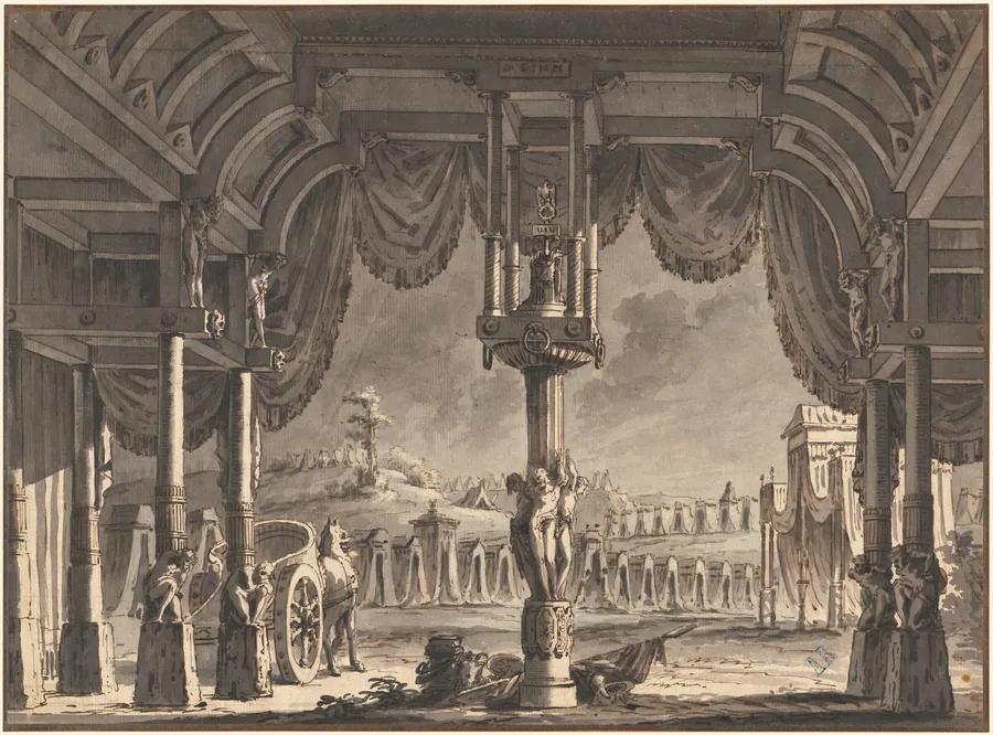 Stage Design of an Ancient Roman Encampment by Night (recto) by Pietro Gonzaga