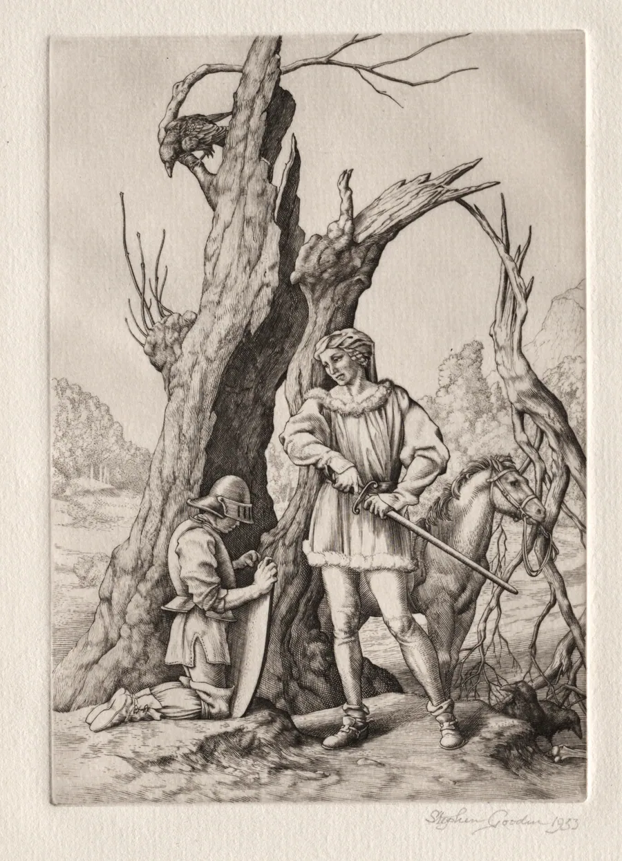 Illustration for "Peronnik the Fool":  Peronnik and Sir Gilles by Stephen Gooden