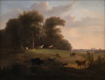 Keld Skov ved Frederiksborg med en del af det kongelige stutteri. I forgrunden schweizer- og tyrolerkvæg