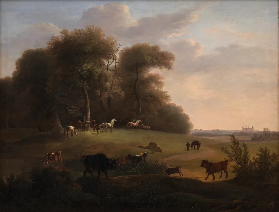 Keld Skov ved Frederiksborg med en del af det kongelige stutteri. I forgrunden schweizer- og tyrolerkvæg by Christian David Gebauer
