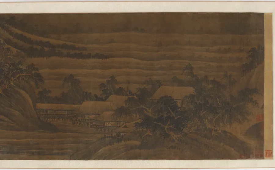River valley with houses and temples by Formerly attributed to Dong Yuan (傳)董源 (died 962)